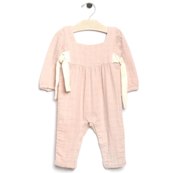 City Mouse Side Ties Muslin Romper-Soft Rose 0/3m - Picture 1 of 1